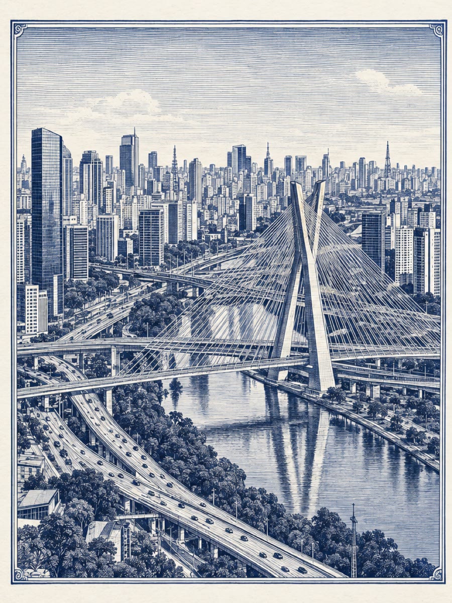 Gravura de São Paulo: a ponte estaiada e os prédios junto ao rio