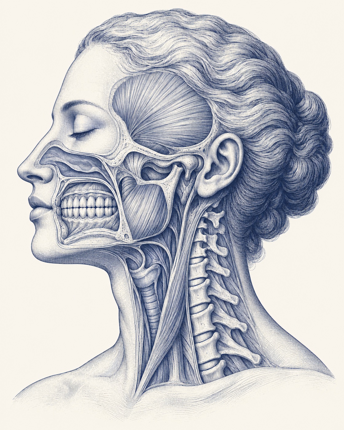 Gravura anatômica de perfil: o músculo da têmpora, a articulação do maxilar, os dentes, a via respiratória e a coluna do pescoço